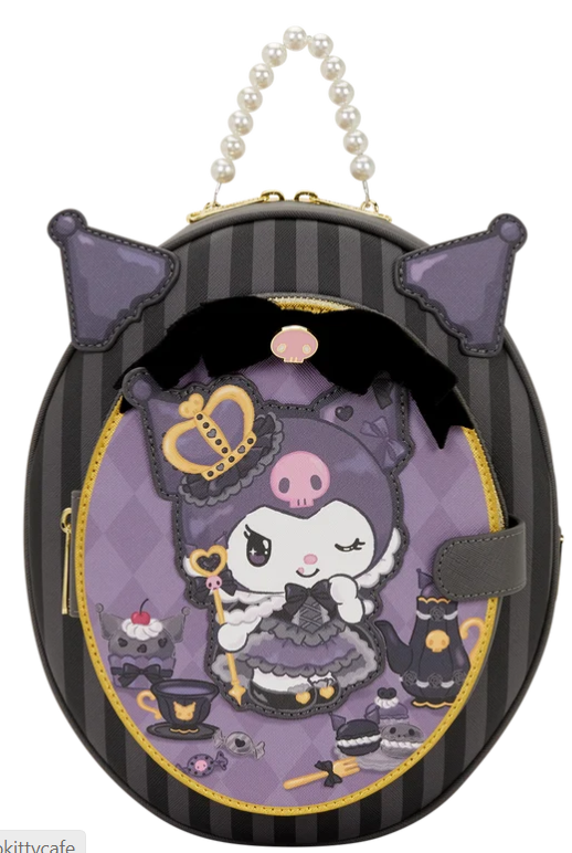 Kuromi 20th Anniversary Cameo Mini Backpack — front of backpack with pearl handle.