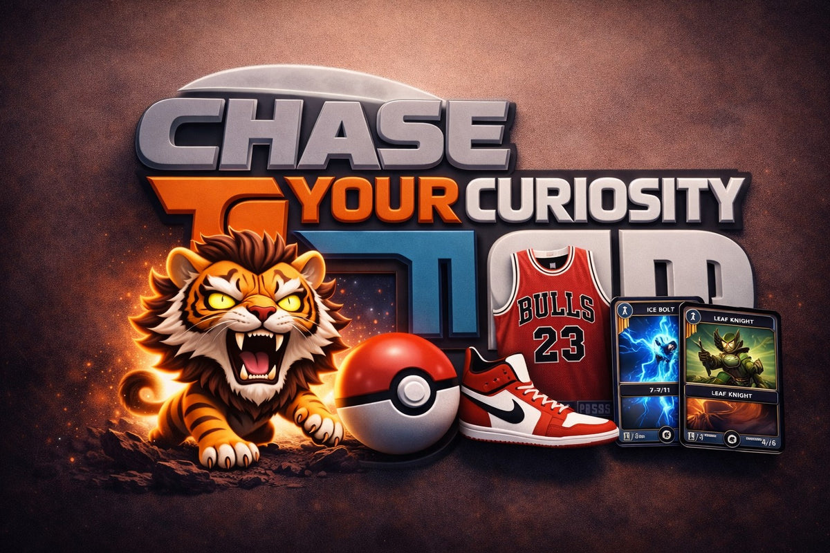 Chase Your Curiosity tiger artwork with trading cards, collectibles and glowing orange accents.